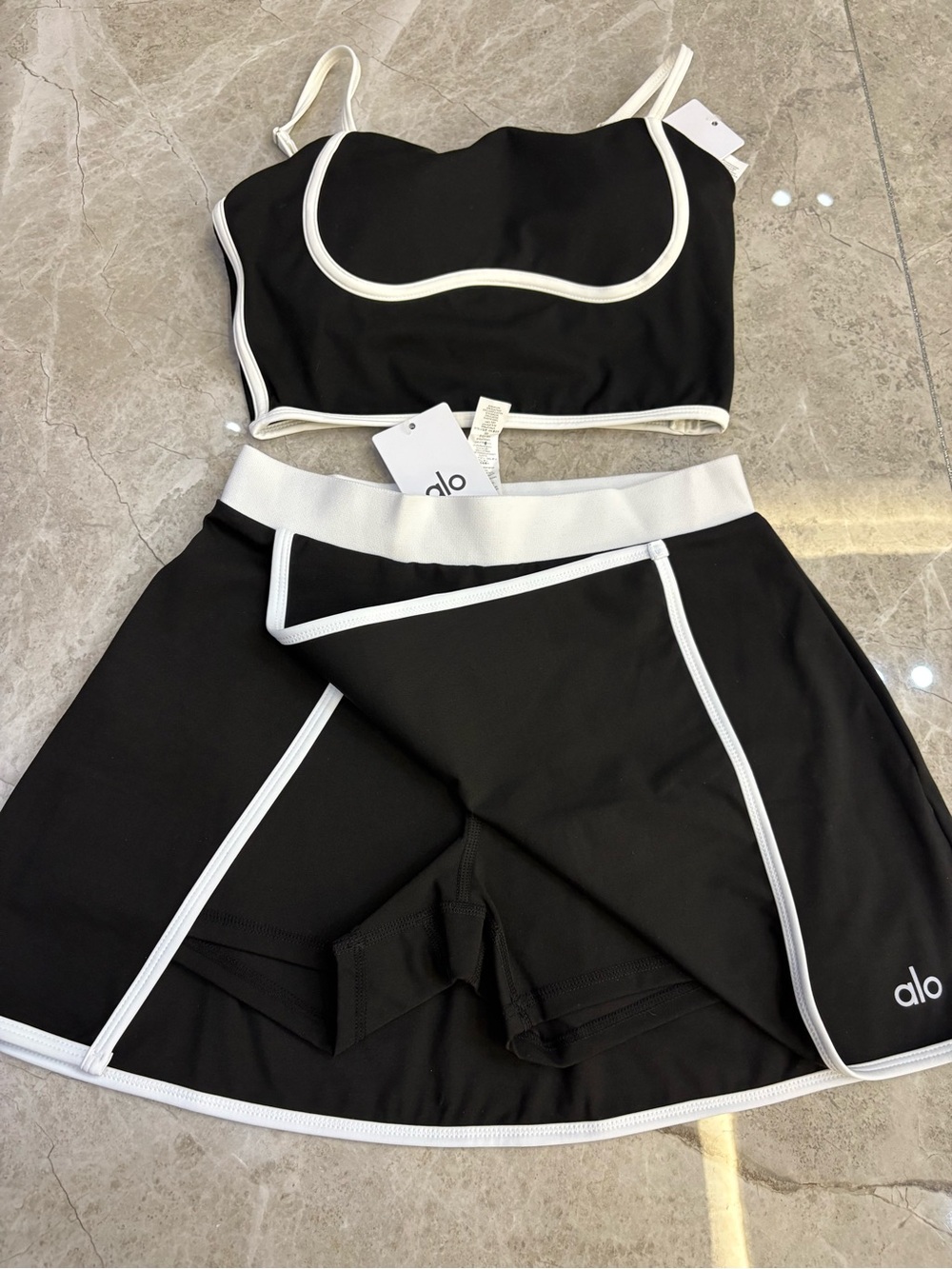 ALO Yoga Black and White Backless Crop Top and Skirt Set - Picture 2 of 5